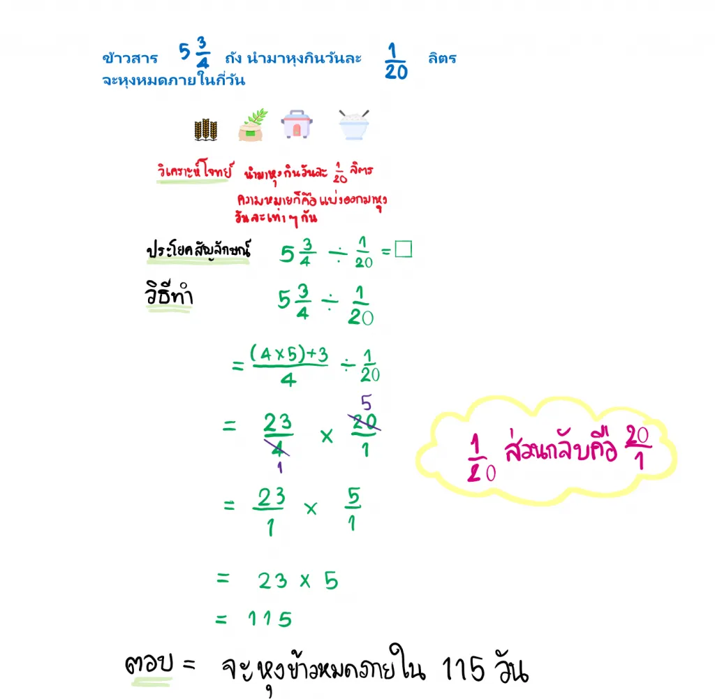 โจทย์ปัญหา + - × ÷ เศษส่วนและจำนวนคละ